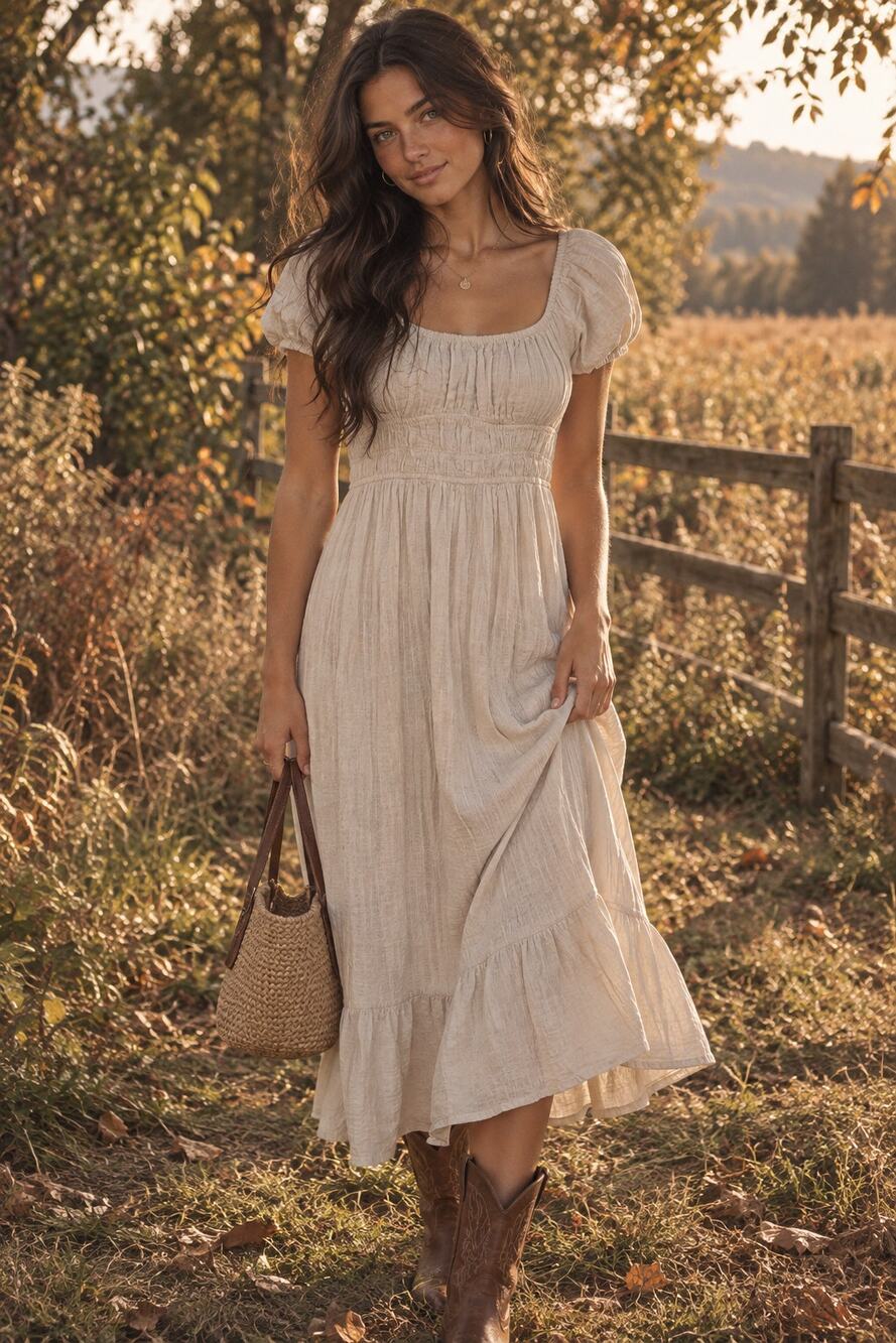 Sim & Sam Smocked Milkmaid Midi Dress Cotton Gauze Puff Sleeve Boho Size M